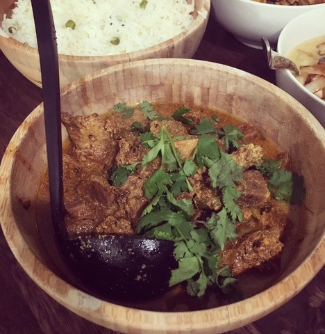 Khashir mangsho (goat curry) as prepared by the writer.