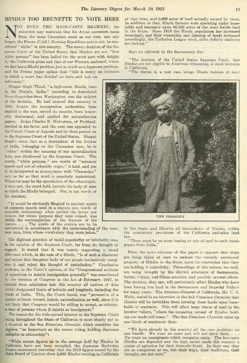 Article from March 10, 1923 issue of The Literary Digest describing the outcome of the 'United States vs. Bhagat Singh Thind' Supreme Court case, which barred South Asians from obtaining citizenship. (SAADA)